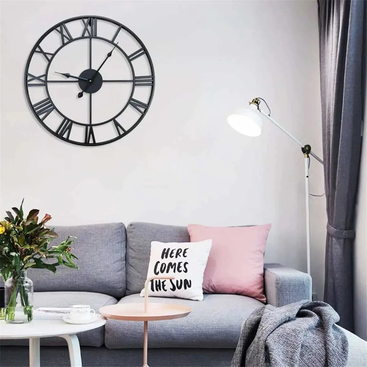 Large Roman Numerals Wall Clock with Retro Round Metal Iron Frame.Accurate Silent Nordic Hanging Ornament Living Room Decoration