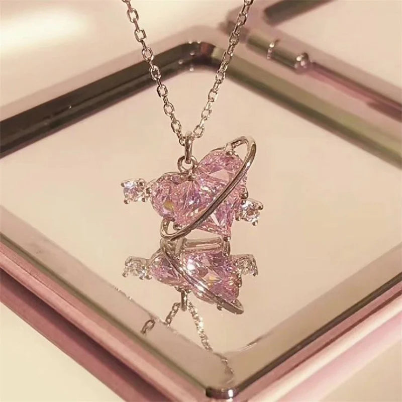 Y2K Pink Planet Heart Zircon Pendant Necklaces Women Fashion Aesthetic Clavicle Chain Necklace Valentines Day Gift Party Jewelry