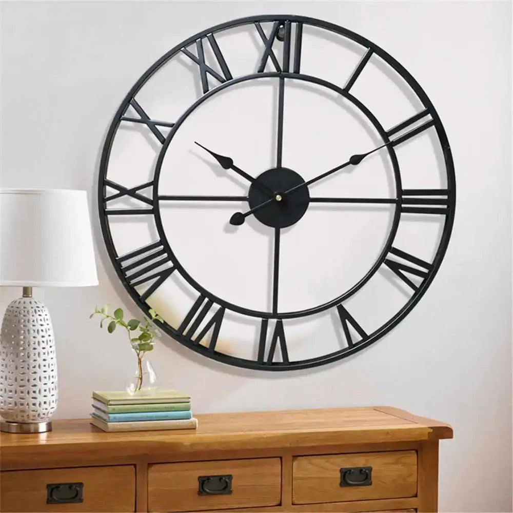 Large Roman Numerals Wall Clock with Retro Round Metal Iron Frame.Accurate Silent Nordic Hanging Ornament Living Room Decoration