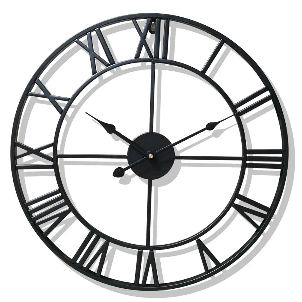 Large Roman Numerals Wall Clock with Retro Round Metal Iron Frame.Accurate Silent Nordic Hanging Ornament Living Room Decoration