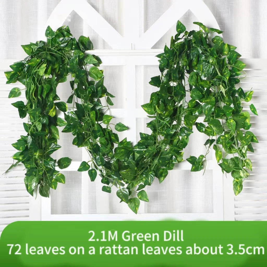 2.1M Green Ivy Leaf Hanging Vine Artificial Garland Silk Wall Plant Home Garden Decoration Wedding Party DIY Fake Wreath Leaves