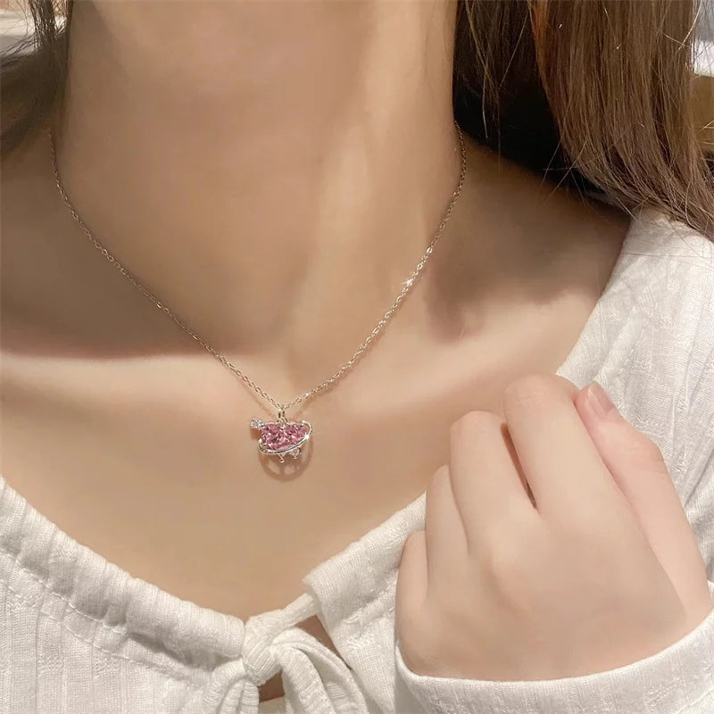 Y2K Pink Planet Heart Zircon Pendant Necklaces Women Fashion Aesthetic Clavicle Chain Necklace Valentines Day Gift Party Jewelry