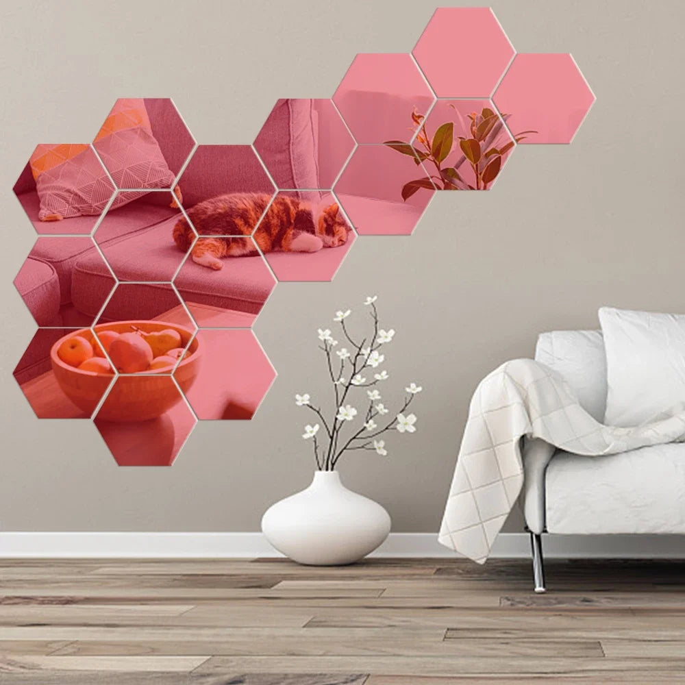 6/12pcs 3D Hexagon Mirror Wall Sticker Rose Gold DIY TV Background Living Room Stickers Wall Decor Bedroom Bathroom Home Decor