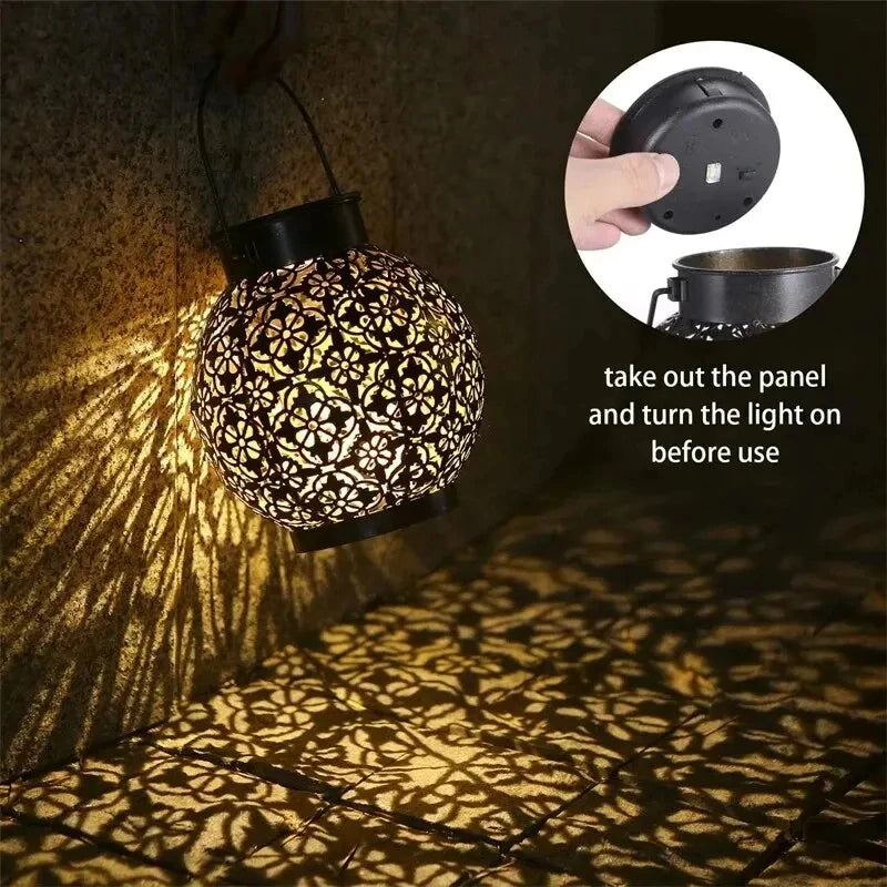 LED Solar Lantern Light Hollow Wrought Iron Projection Light Hanging Lamps Outdoor Waterproof Yard Garden Art Decoration